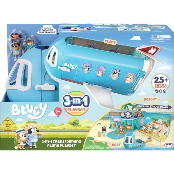 Bluey 3-in-1 erweiterbares Flugzeugspiel: Flugzeug, Hotel und Boot, über 25 Sounds, 15 Zubehörteile