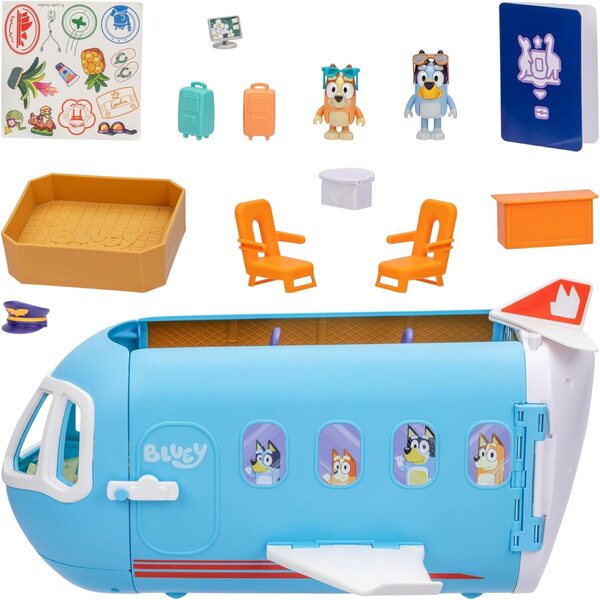 Bluey 3-in-1 erweiterbares Flugzeugspiel: Flugzeug, Hotel und Boot, über 25 Sounds, 15 Zubehörteile