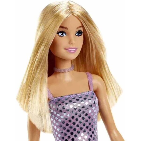 Barbie-Puppe mit lavendelfarbenem Metallic-Kleid und glamourösen Accessoires für Kinder