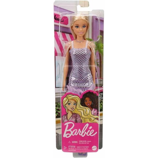 Barbie-Puppe mit lavendelfarbenem Metallic-Kleid und glamourösen Accessoires für Kinder