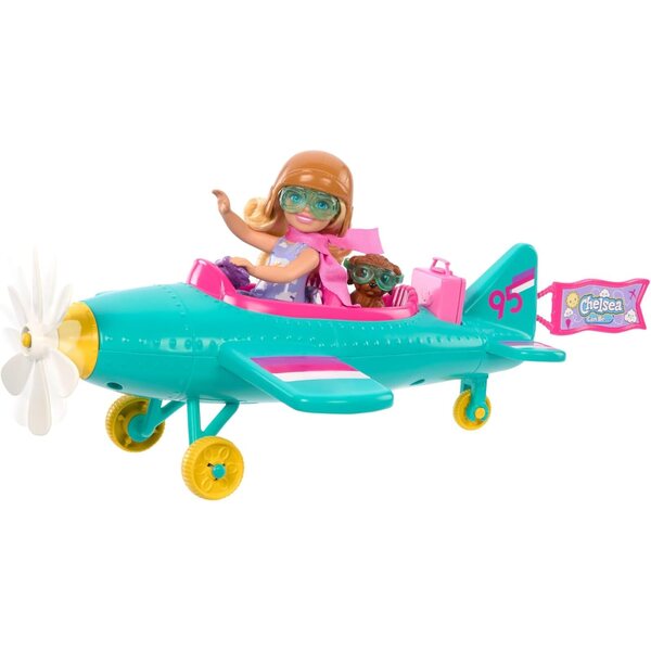 Barbie Chelsea Pilotin mit Flugzeug, Hund und Zubehör zum Rollenspiel ab 3 Jahren