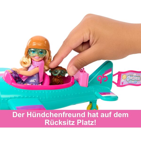 Barbie Chelsea Pilotin mit Flugzeug, Hund und Zubehör zum Rollenspiel ab 3 Jahren