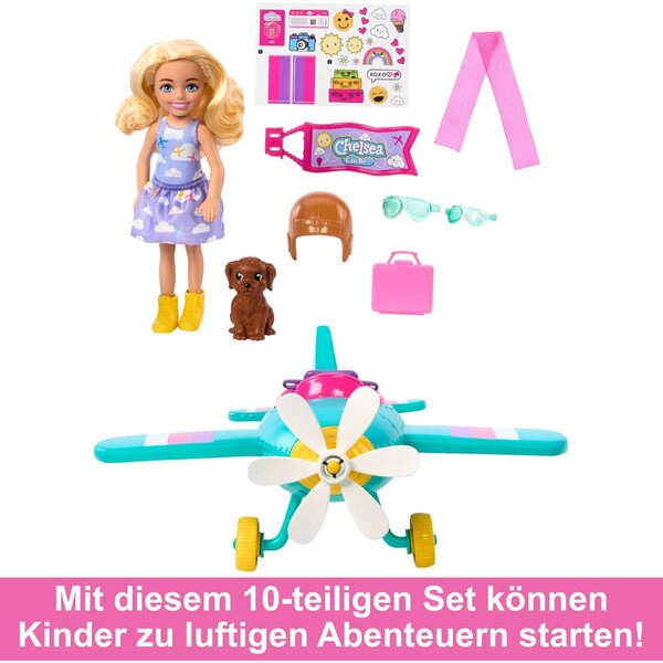 Barbie Chelsea Pilotin mit Flugzeug, Hund und Zubehör zum Rollenspiel ab 3 Jahren