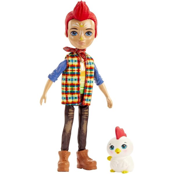 Enchantimals Redward Hahnpuppe mit Freund Cluck, 15 cm, Komplettset mit Bauernhofkleidung