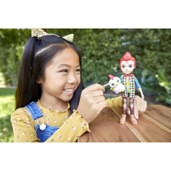 Enchantimals Redward Rooster Puppe con amico Cluck, 15 cm, Set completo con abbigliamento fattoria