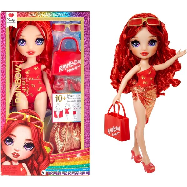 Rainbow High Swim & Style Ruby - 28 cm кукла с блестящо парео и червени аксесоари