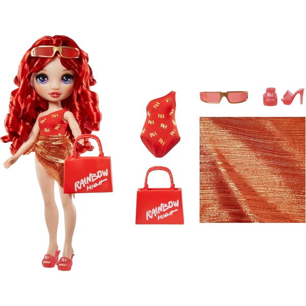 Rainbow High Swim & Style Ruby - Bambola 28 cm con Pareo Brillante e Accessori Rossi