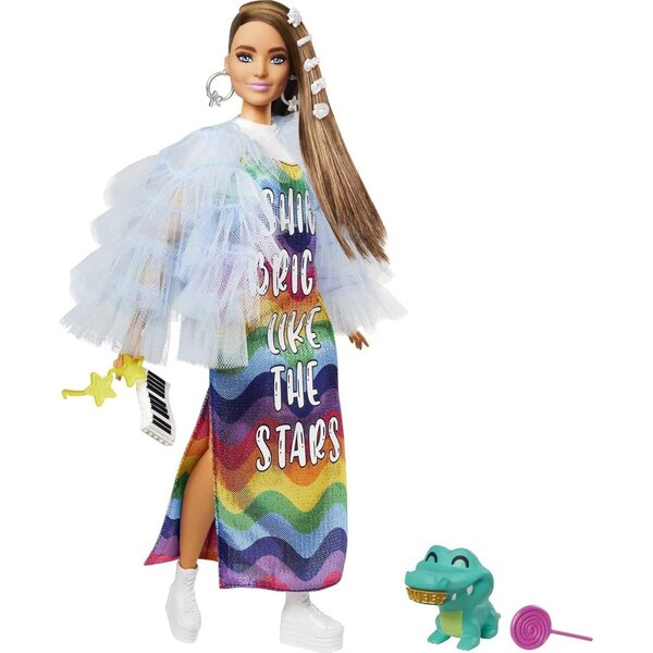 Barbie Extra mit Regenbogenkleid, blauer Jacke und Krokodil – Modepuppen ab 3 Jahren