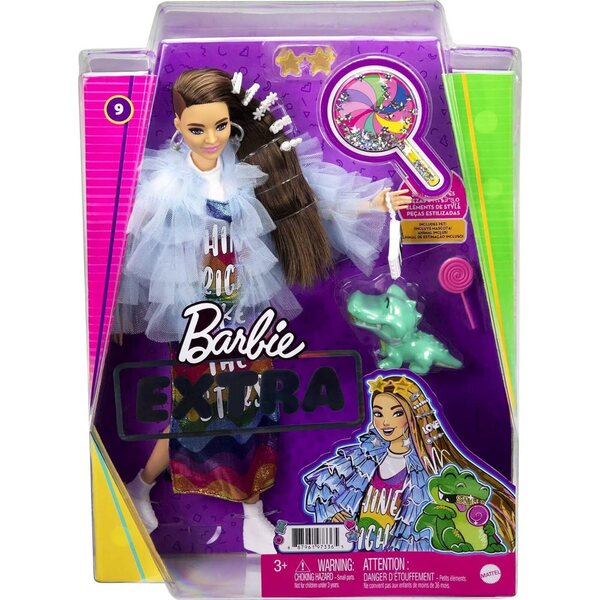 Barbie Extra mit Regenbogenkleid, blauer Jacke und Krokodil – Modepuppen ab 3 Jahren