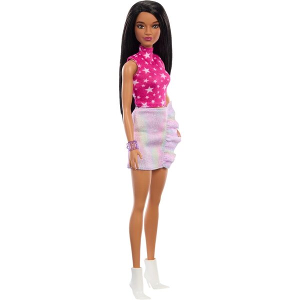 Barbie Fashionistas Puppe mit glattem schwarzem Haar und rosafarbenem und sternenfarbenem 80er-Jahre-Outfit