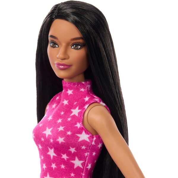 Barbie Fashionistas Puppe mit glattem schwarzem Haar und rosafarbenem und sternenfarbenem 80er-Jahre-Outfit