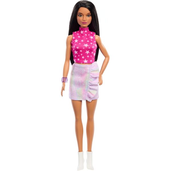 Barbie Fashionistas Puppe mit glattem schwarzem Haar und rosafarbenem und sternenfarbenem 80er-Jahre-Outfit