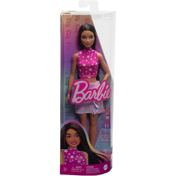 Barbie Fashionistas Puppe mit glattem schwarzem Haar und rosafarbenem und sternenfarbenem 80er-Jahre-Outfit