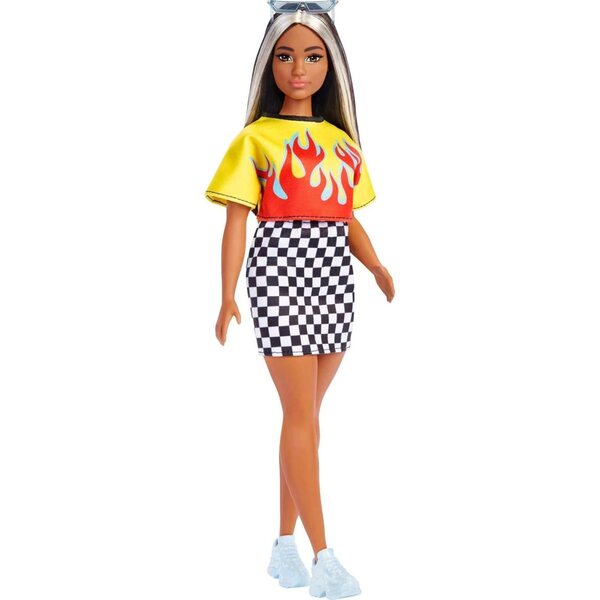 Barbie Fashionistas mit langen Haaren und Streifen, trendigem Kleid und coolen Accessoires