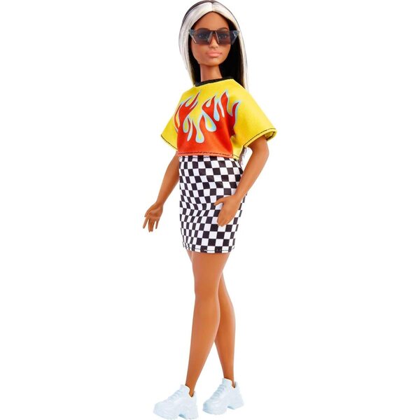 Barbie Fashionistas mit langen Haaren und Streifen, trendigem Kleid und coolen Accessoires
