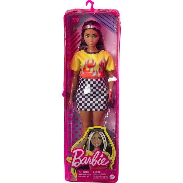 Barbie Fashionistas mit langen Haaren und Streifen, trendigem Kleid und coolen Accessoires