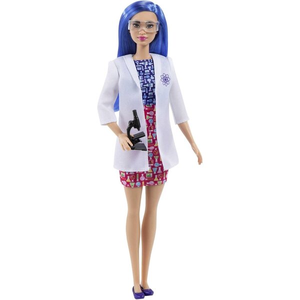 Barbie-Wissenschaftlerin mit blauen Haaren, Laborkittel und Mikroskop, Lernspiel für Kinder