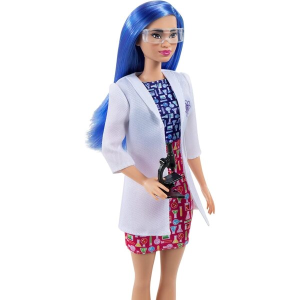 Barbie-Wissenschaftlerin mit blauen Haaren, Laborkittel und Mikroskop, Lernspiel für Kinder