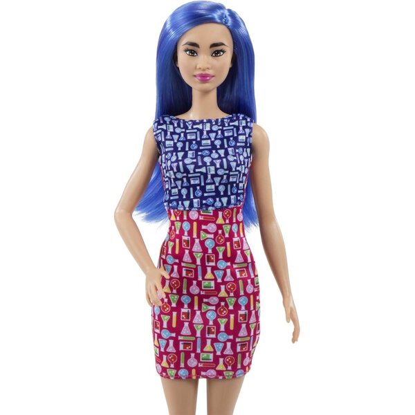 Barbie-Wissenschaftlerin mit blauen Haaren, Laborkittel und Mikroskop, Lernspiel für Kinder