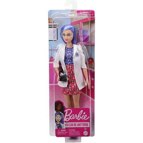 Barbie-Wissenschaftlerin mit blauen Haaren, Laborkittel und Mikroskop, Lernspiel für Kinder