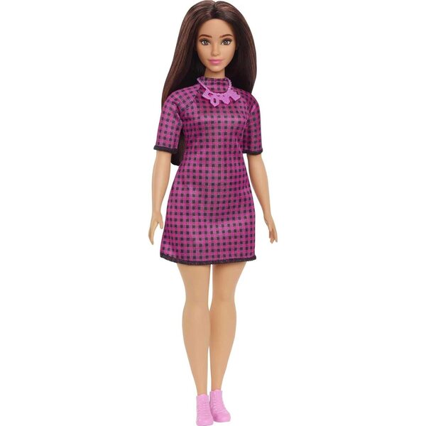 Barbie Fashionistas-Puppe mit langen Haaren und rosa kariertem Kleid, inklusive Accessoires