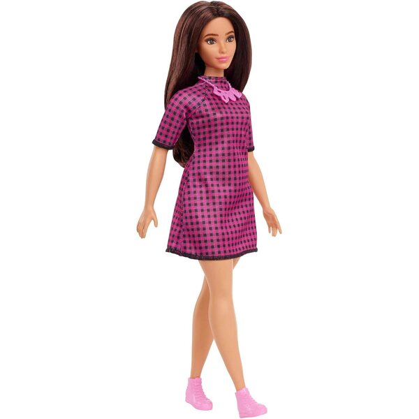 Barbie Fashionistas-Puppe mit langen Haaren und rosa kariertem Kleid, inklusive Accessoires