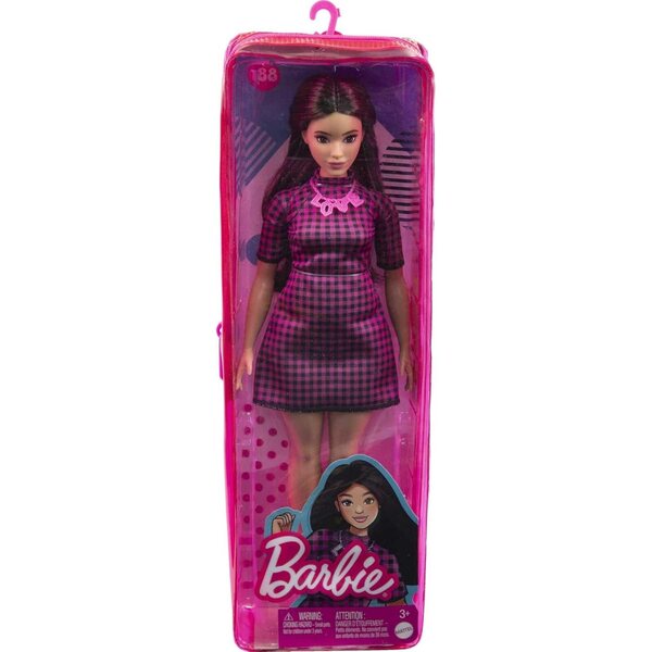Barbie Fashionistas-Puppe mit langen Haaren und rosa kariertem Kleid, inklusive Accessoires