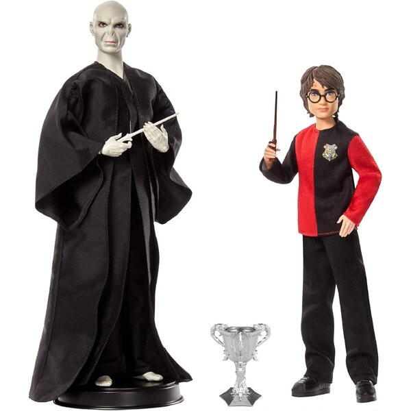 Set mit 2 Harry-Potter- und Voldemort-Puppen mit trimagischem Kelch und Zauberstäben, 26–30 cm