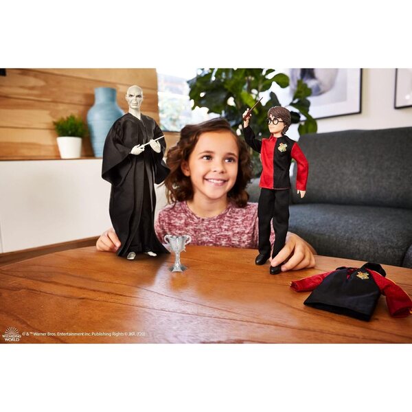 Set mit 2 Harry-Potter- und Voldemort-Puppen mit trimagischem Kelch und Zauberstäben, 26–30 cm