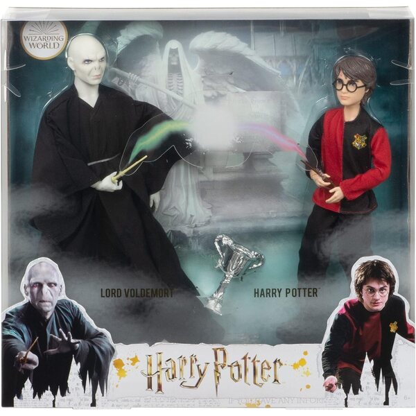 Set mit 2 Harry-Potter- und Voldemort-Puppen mit trimagischem Kelch und Zauberstäben, 26–30 cm