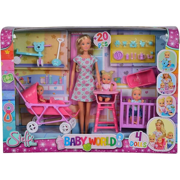 Simba Steffi Love Baby World Bambole-Spielset con Steffi e 3 Babys, accessori inclusi