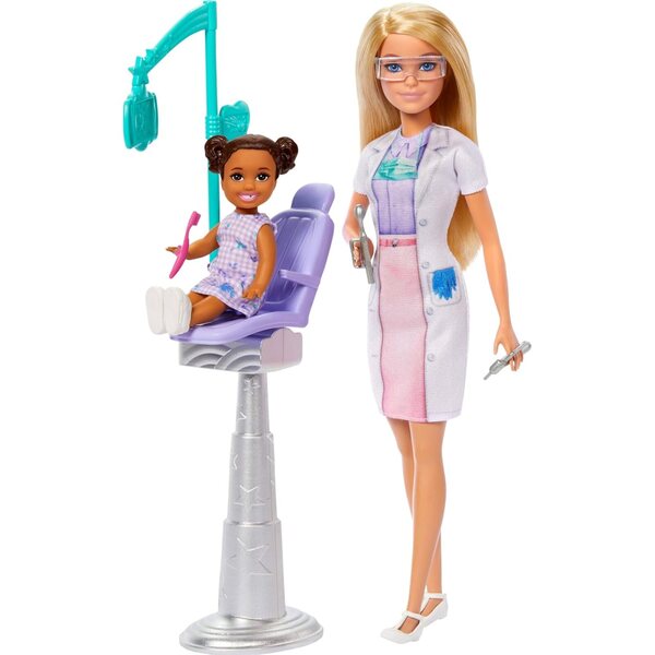 Barbie-Zahnärztin mit blauem Kleid, Patient und Zubehör für Lernspiel