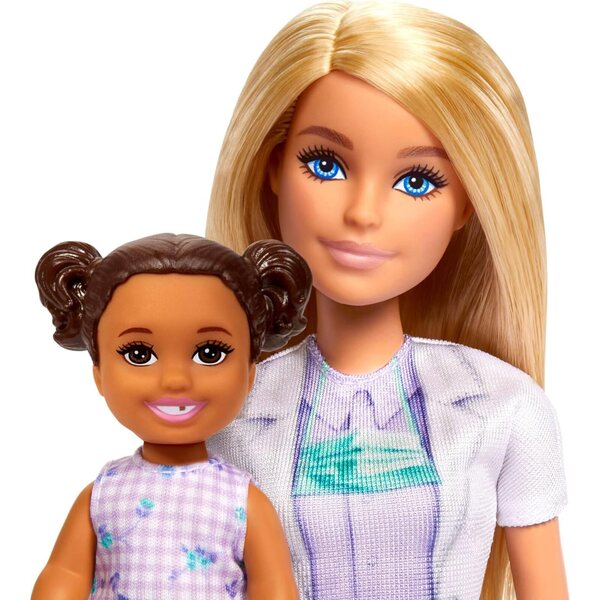 Barbie-Zahnärztin mit blauem Kleid, Patient und Zubehör für Lernspiel