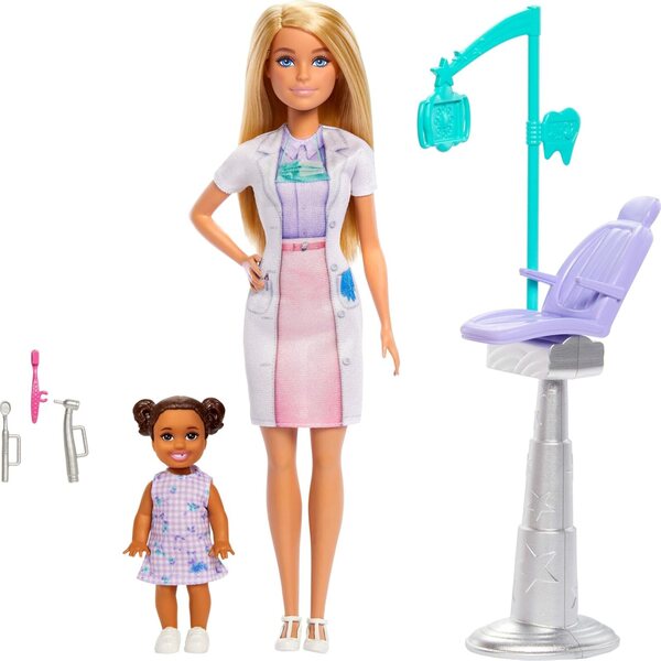Barbie-Zahnärztin mit blauem Kleid, Patient und Zubehör für Lernspiel