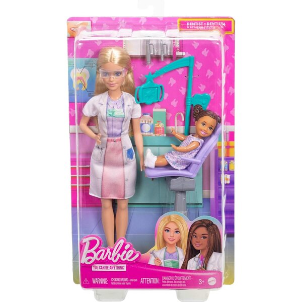 Barbie-Zahnärztin mit blauem Kleid, Patient und Zubehör für Lernspiel