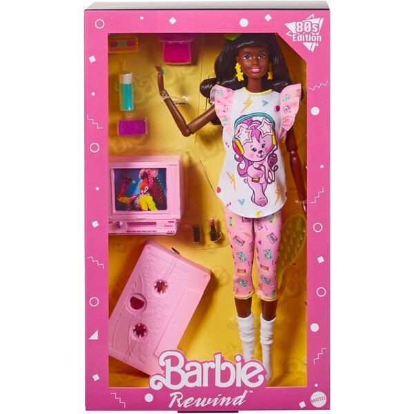 Barbie Rewind: 80er-Jahre-Puppe mit Pyjama, Fernseher, Popcorn und Vintage-Telefon