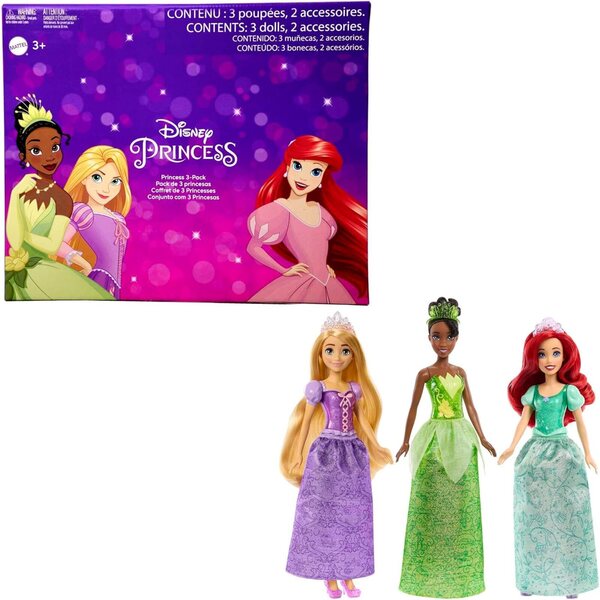 Disney-Prinzessinnen 3er-Pack: Tiana, Rapunzel, Arielle mit Accessoires und Haaren zum Kämmen
