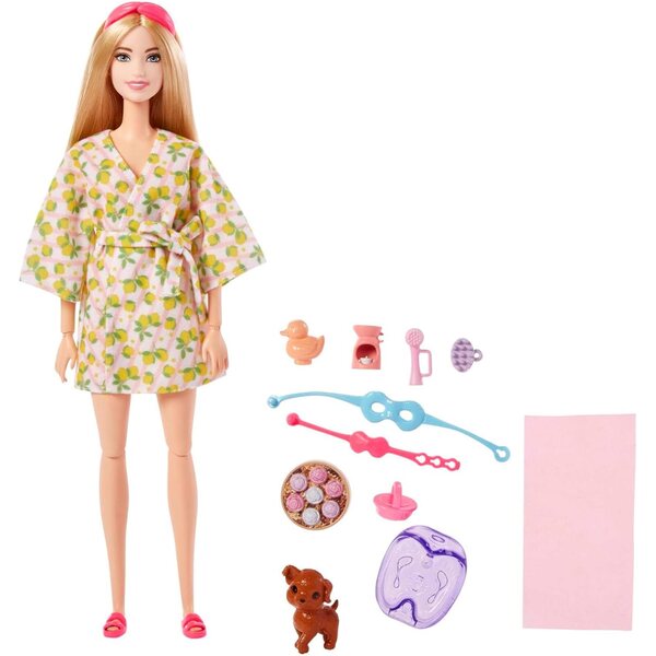 Barbie Wellness-Set mit Limettenbademantel, Welpe und Entspannungszubehör