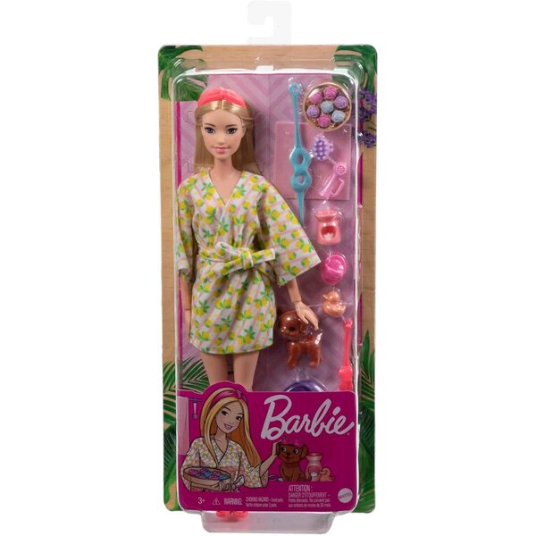 Barbie Wellness-Set mit Limettenbademantel, Welpe und Entspannungszubehör