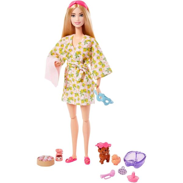 Barbie Wellness-Set mit Limettenbademantel, Welpe und Entspannungszubehör