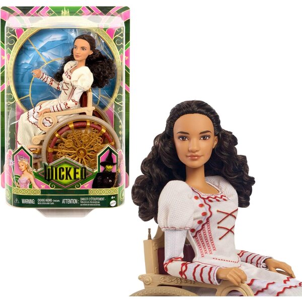 Mattel Nessarose Wicked Puppe mit Rollstuhl und abnehmbarem Kleid – braunes lockiges Haar