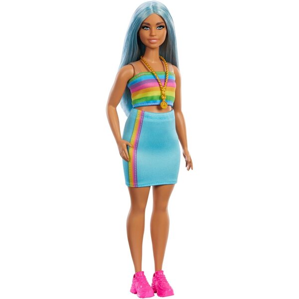 Barbie Fashionistas 65. Jubiläum mit langen blauen Haaren und Regenbogen-Outfit
