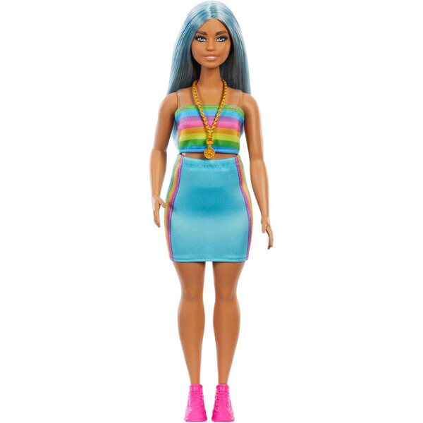 Barbie Fashionistas 65. Jubiläum mit langen blauen Haaren und Regenbogen-Outfit