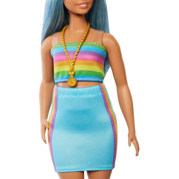 Barbie Fashionistas 65. Jubiläum mit langen blauen Haaren und Regenbogen-Outfit