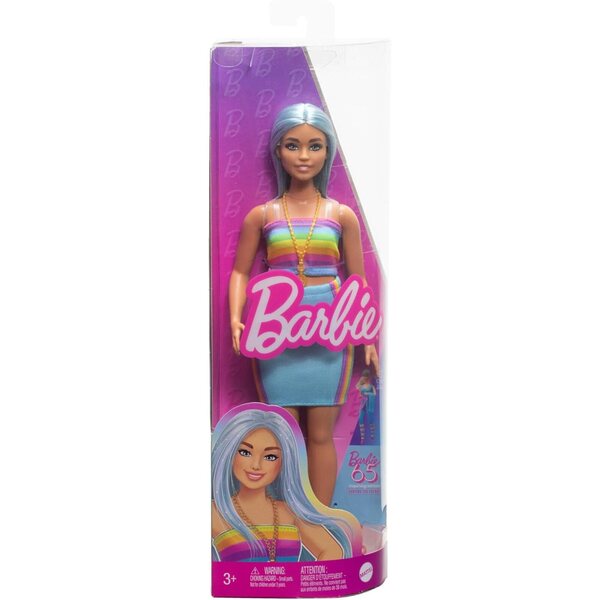 Barbie Fashionistas 65. Jubiläum mit langen blauen Haaren und Regenbogen-Outfit