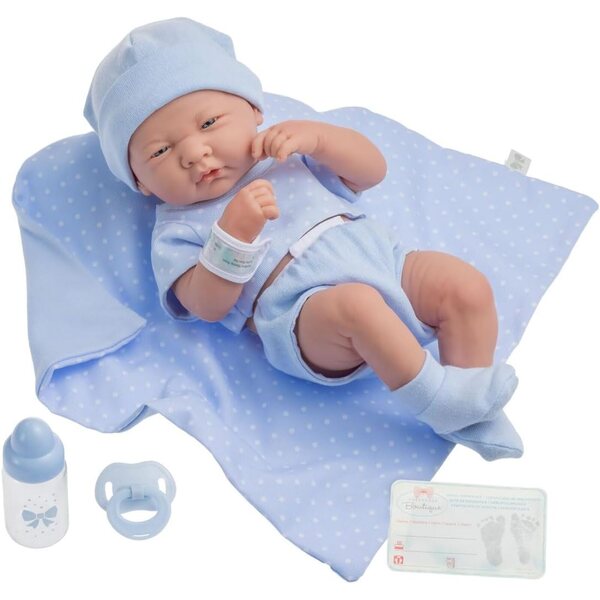 JC Toys Babypuppe 36 cm mit Gummikörper und blau gepunkteter Kleidung