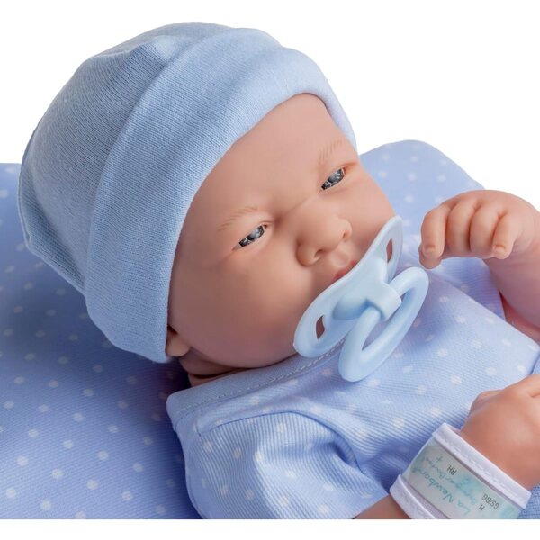 JC Toys Babypuppe 36 cm mit Gummikörper und blau gepunkteter Kleidung