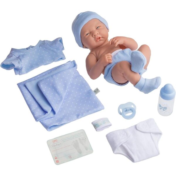JC Toys Babypuppe 36 cm mit Gummikörper und blau gepunkteter Kleidung