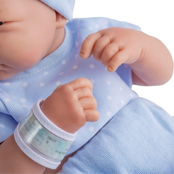 JC Toys Babypuppe 36 cm mit Gummikörper und blau gepunkteter Kleidung