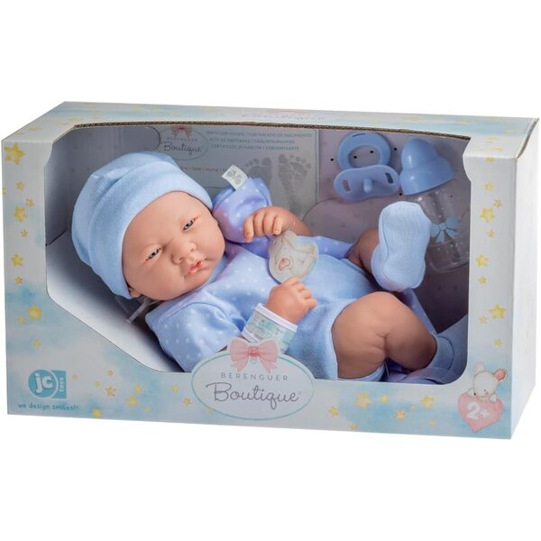 JC Toys Babypuppe 36 cm mit Gummikörper und blau gepunkteter Kleidung